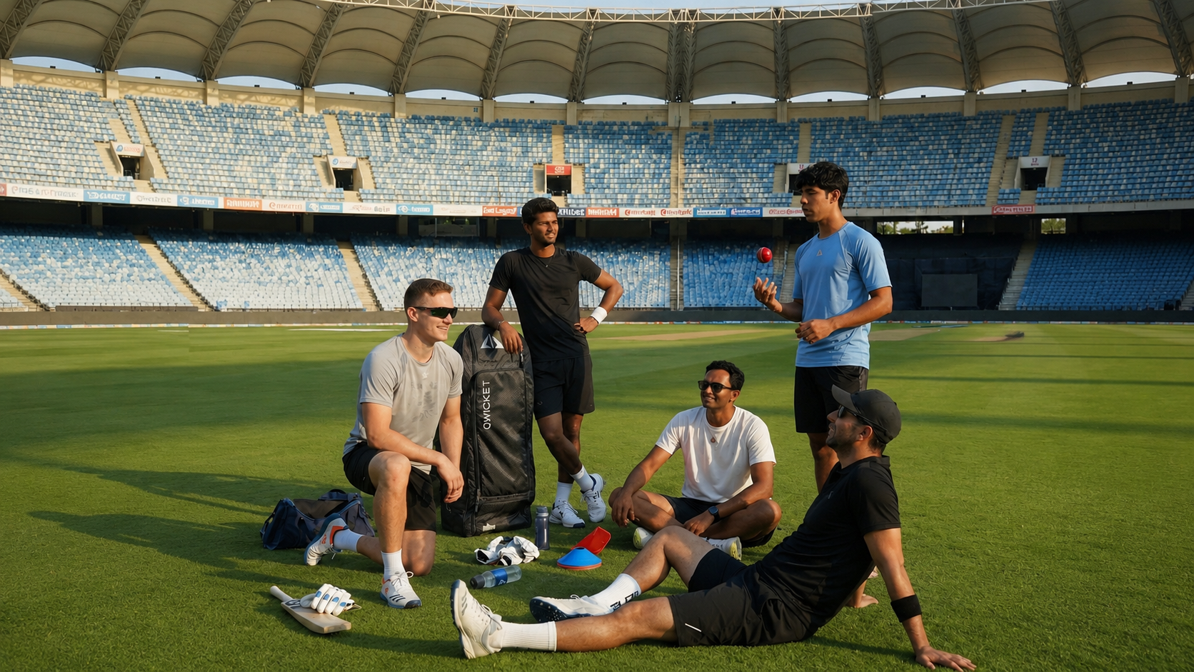 Group of people sitting on a grassy field with cricket equipment in an empty stadium.