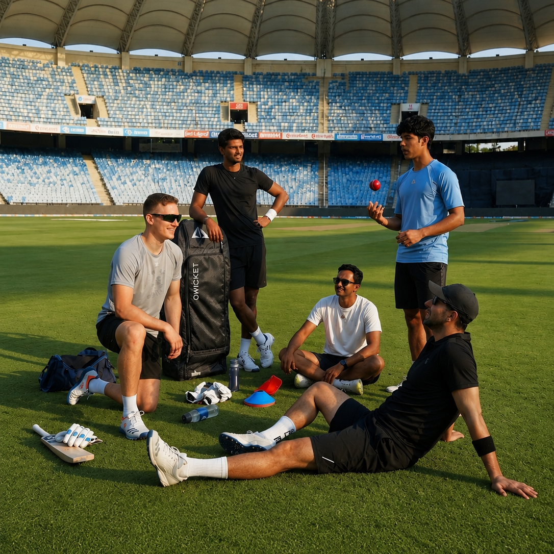 Group of men on a sports field with cricket equipment